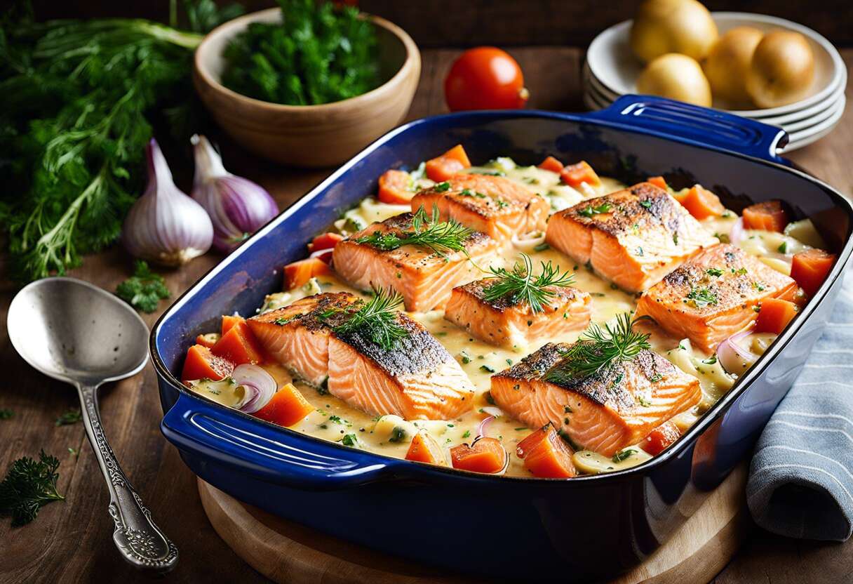 Recette facile de saumon au Boursin en cocotte : préparation 15 min, cuisson 1h20