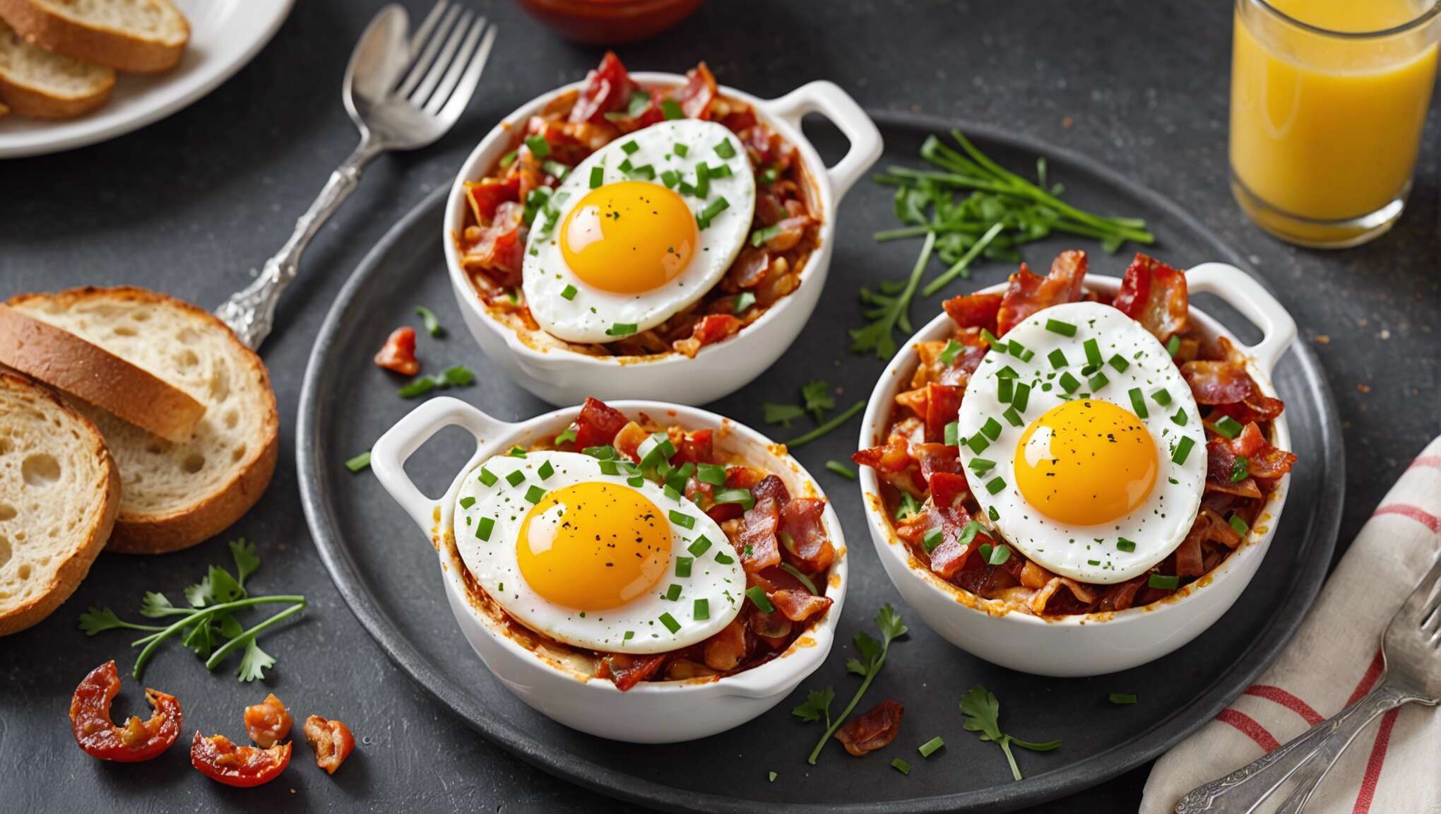 Recette d'œuf cocotte en coquille aux lardons et tomates confites