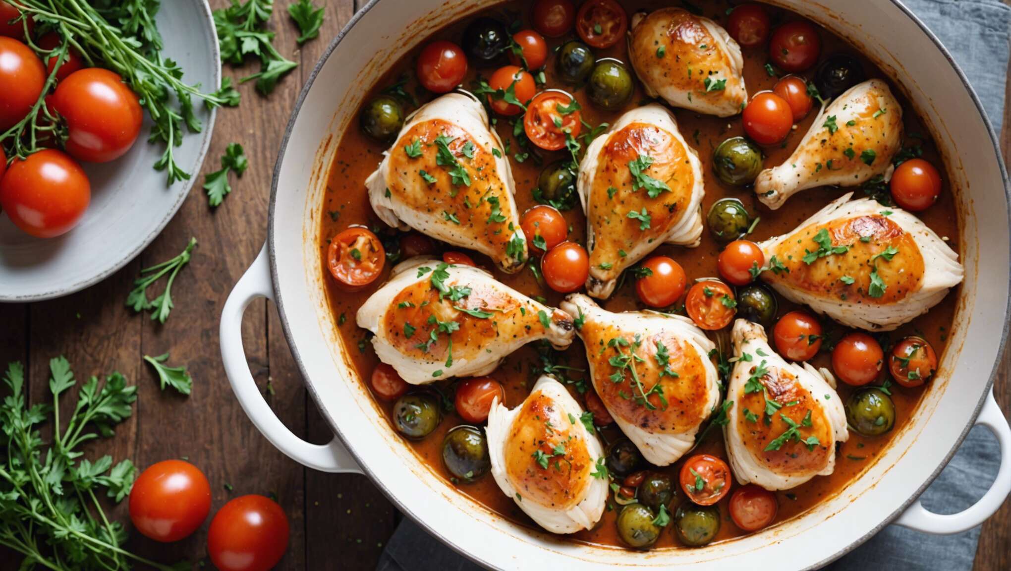 Recette de poulet en cocotte au vin blanc, tomates et oignons aux fines herbes