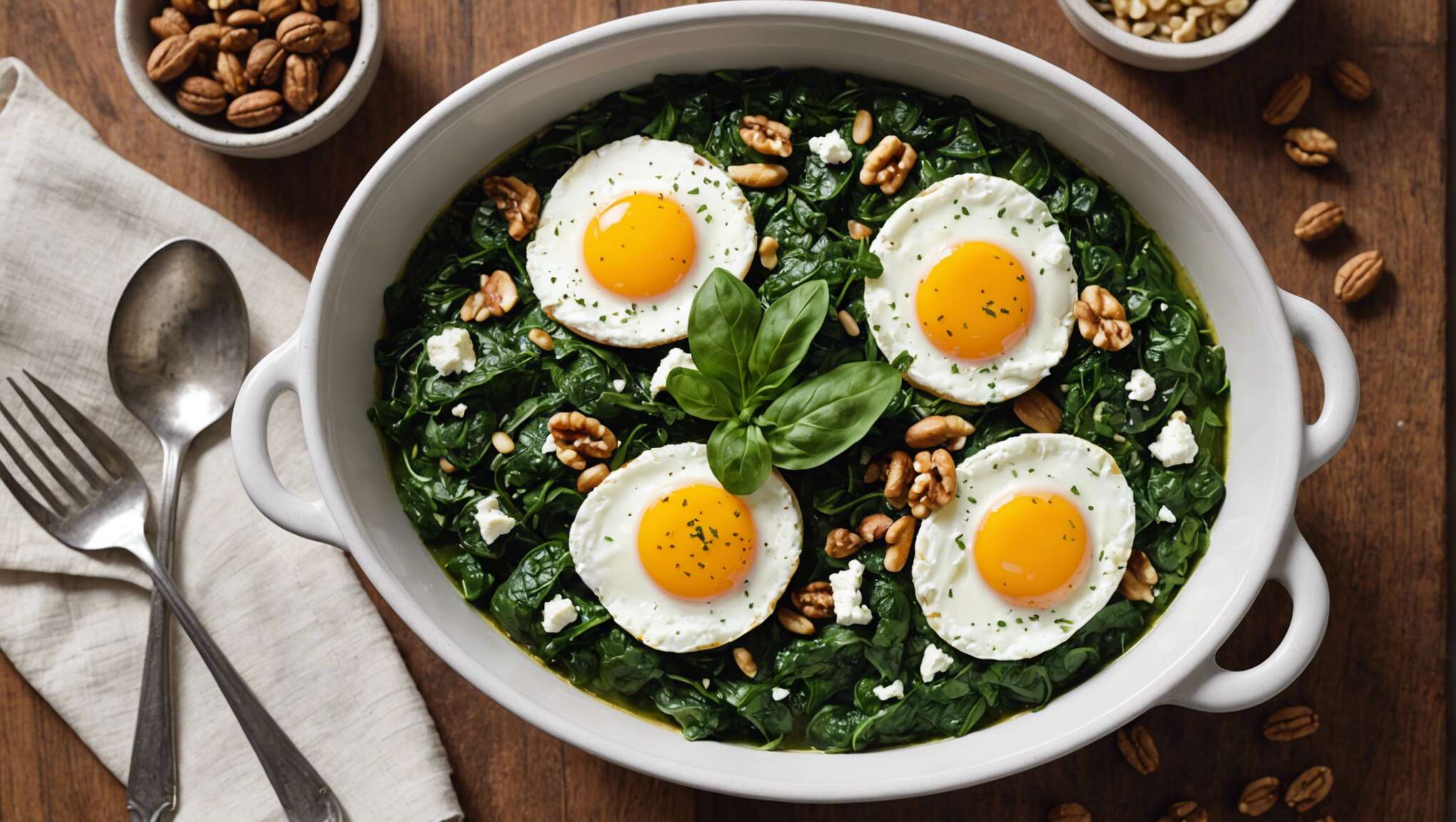 Recette d'œuf cocotte aux épinards frais, chèvre et noix : saveurs gourmandes