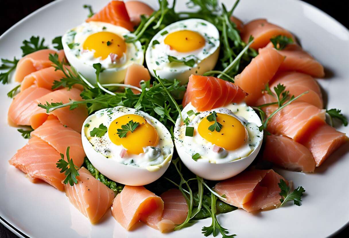 Recette d&rsquo;œufs cocotte à la mousse de roquette et cœur de saumon : une gourmandise raffinée