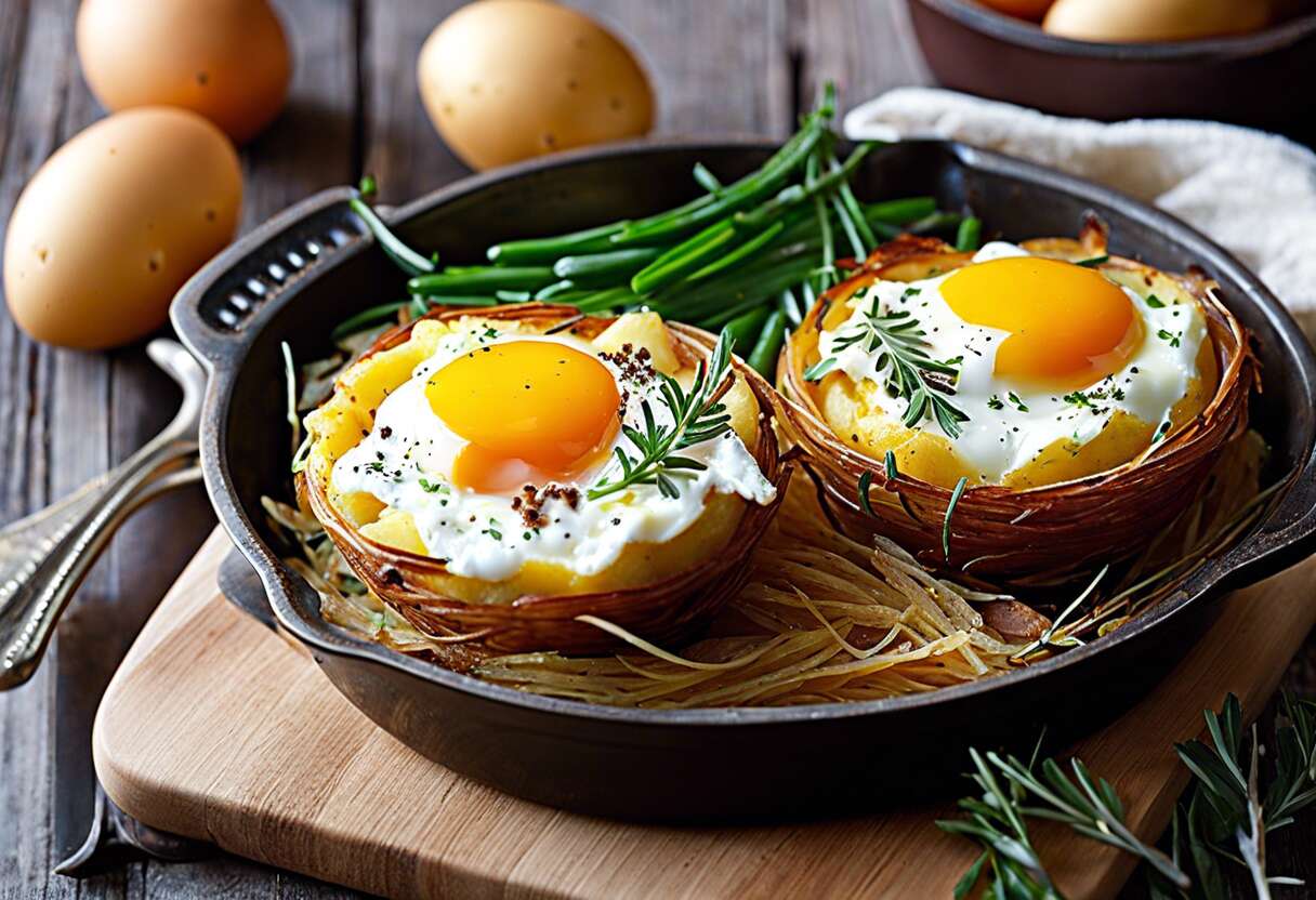 Recette d&rsquo;œufs cocotte sans gluten dans leur nid de pommes de terre rissolées