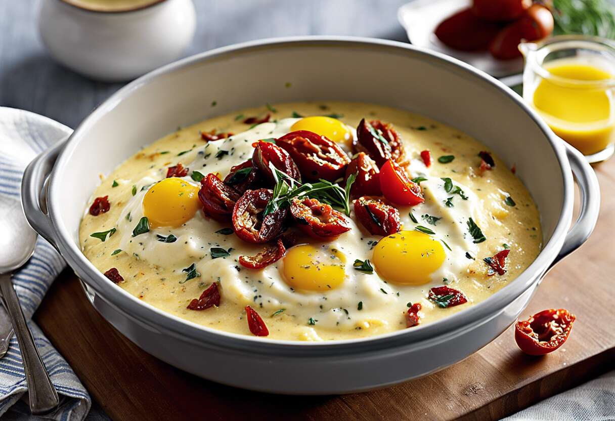 Recette d'œuf cocotte à la crème de moutarde, tomates séchées et parmesan