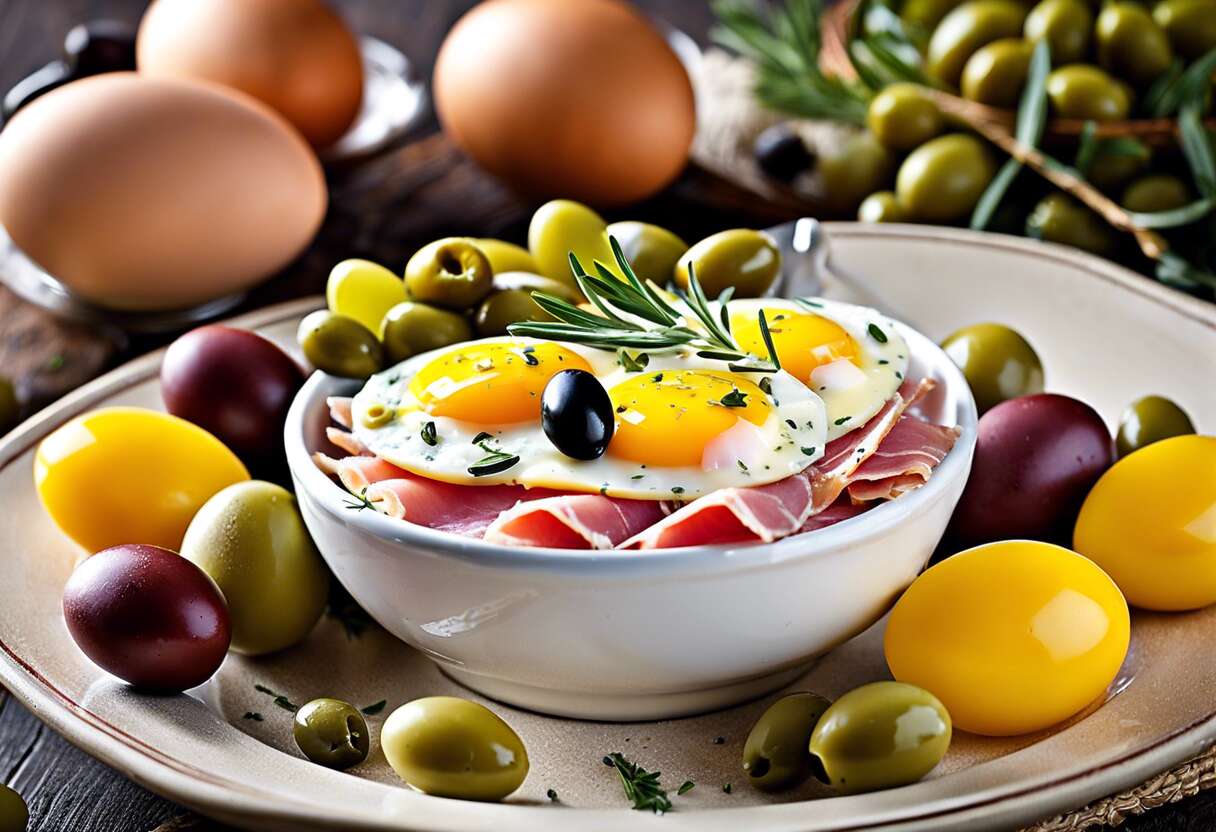Recette d'œufs cocotte aux olives, jambon et fromage : simple et gourmande