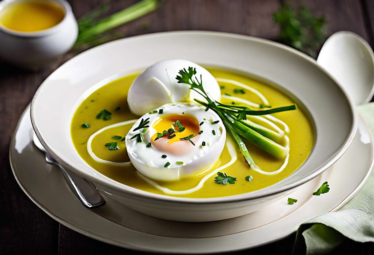 Recette d'œuf poché en cocotte sur velouté de poireaux