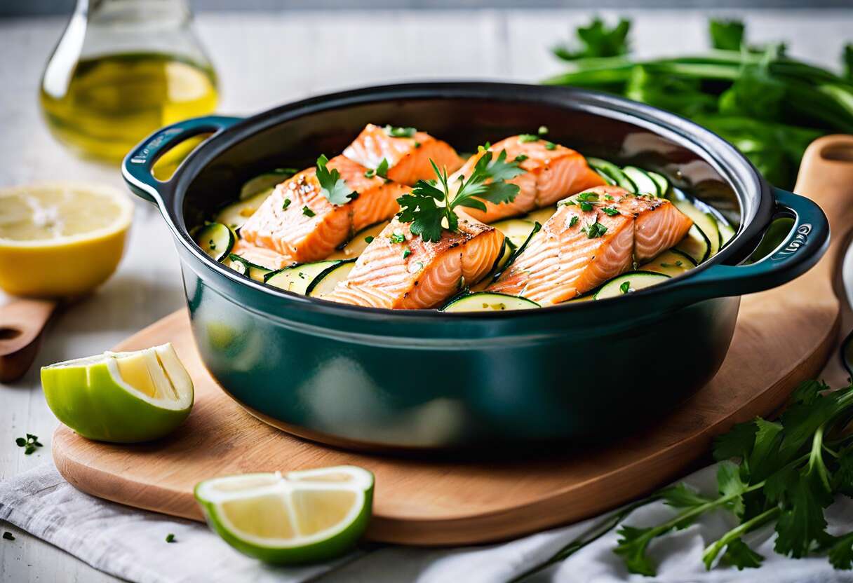 Cocotte de saumon sur lit de courgettes : recette facile et délicieuse