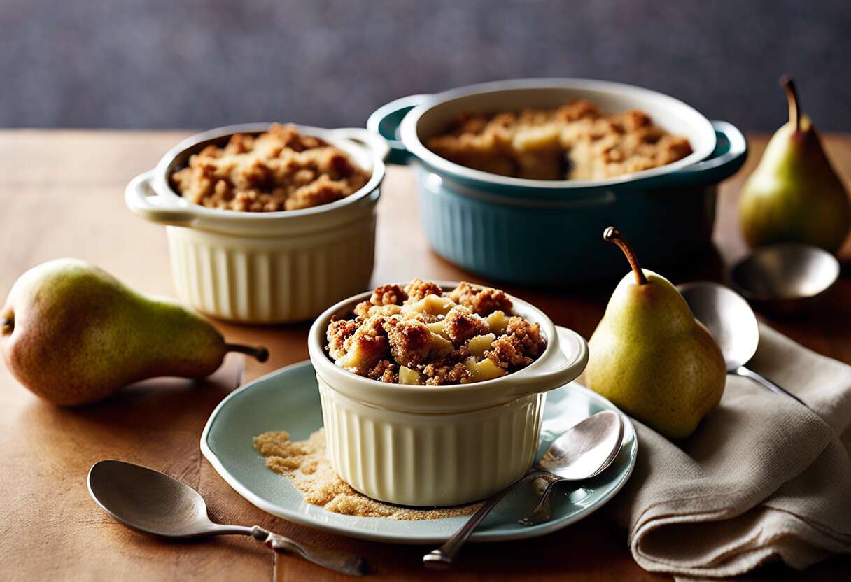 Recette de crumble aux poires en mini cocottes : dessert gourmand facile