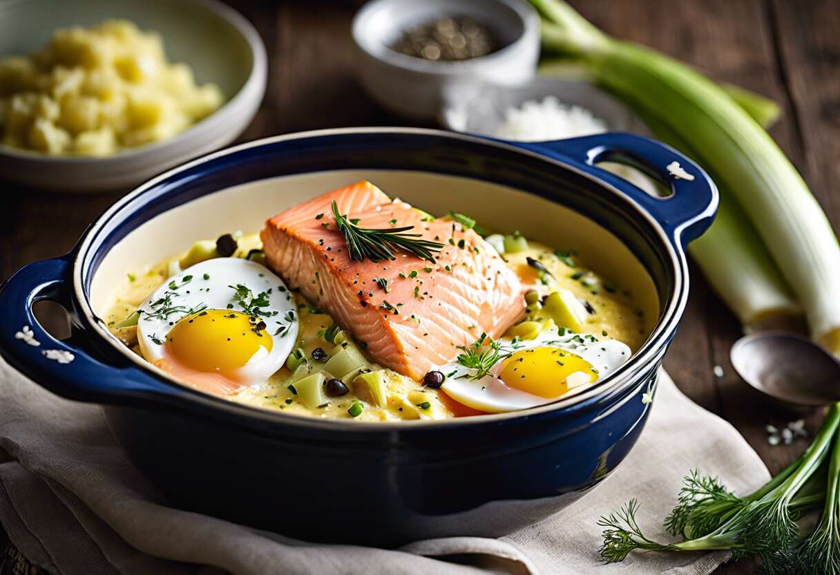 Recette d'œufs cocotte au saumon, poireaux et fève tonka - Facile & Gourmand