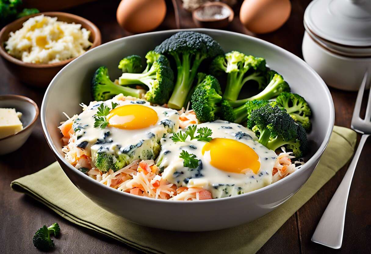 Recette d'œuf cocotte aux brocolis, bleu d'Auvergne et surimi : saveurs gourmandes