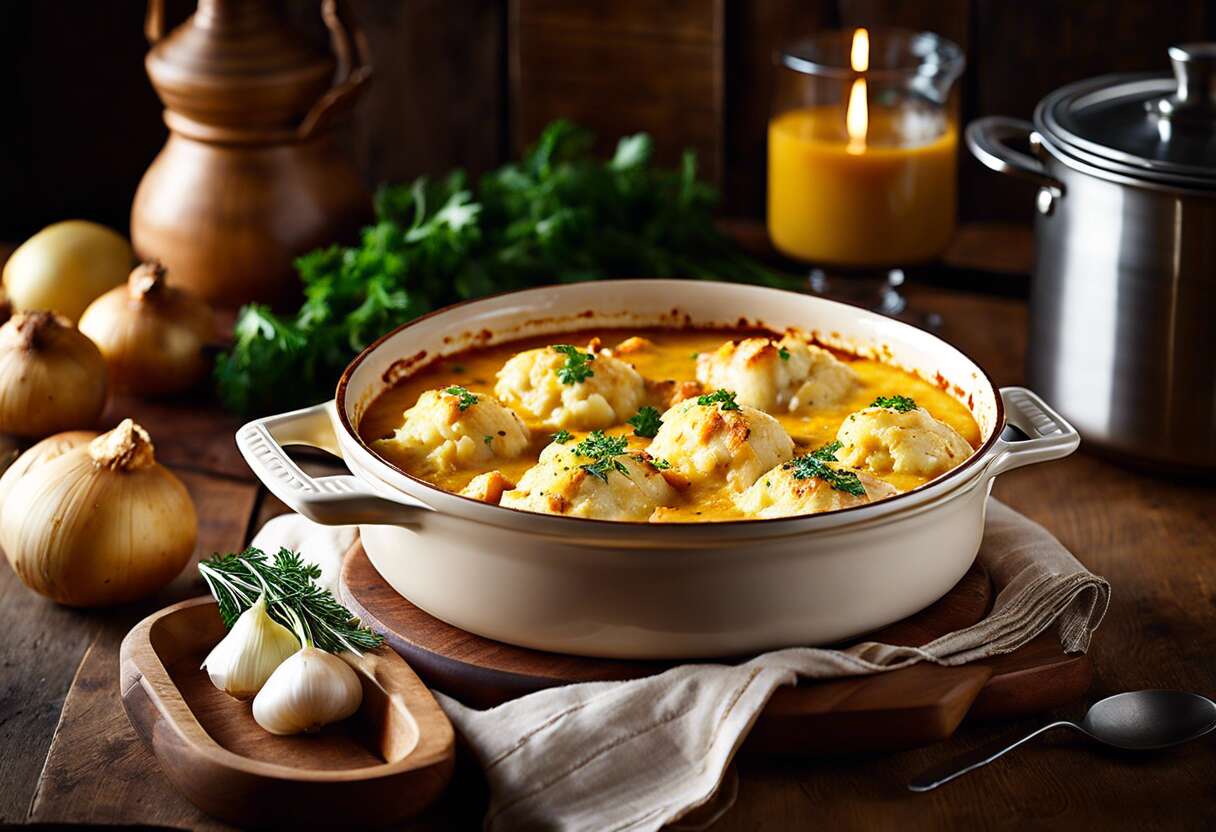Recette de gratin de chou-fleur, pommes, oignon et poulet sauce curry en cocotte