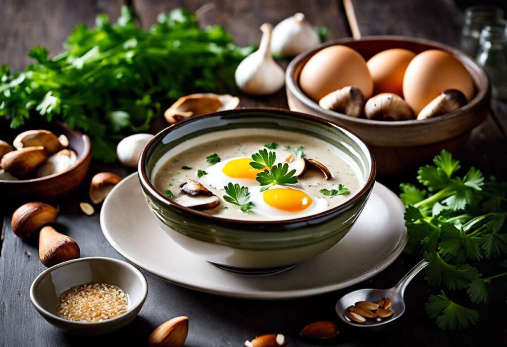 Velouté aux champignons à l'amande et œuf cocotte : recette gourmande et réconfortante