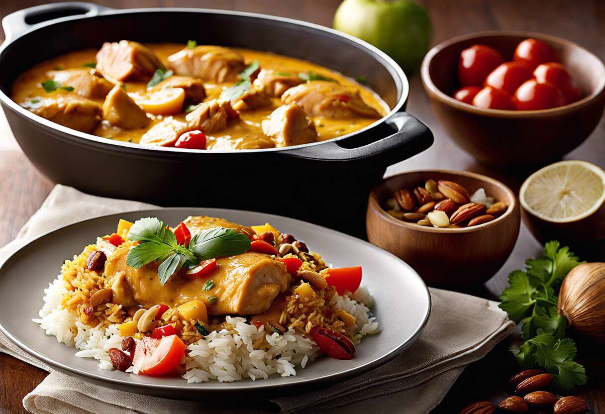 Curry de poulet en cocotte et son riz aux fruits secs : recette facile et savoureuse
