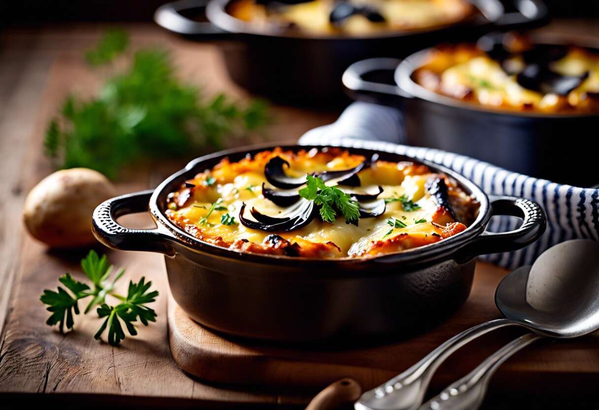 Recette de mini-gratin crémeux aux pommes de terre et trompettes de la mort en cocottes