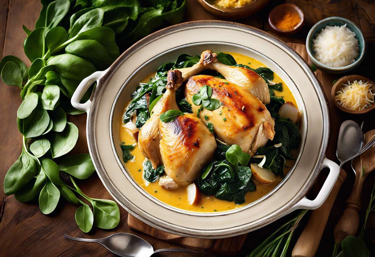 Recette de poulet cocotte au lait de coco et épinards : saveurs exotiques