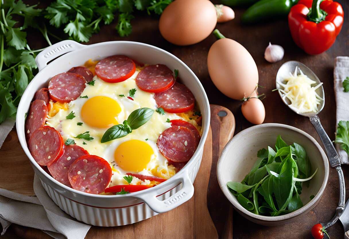 Recette d&rsquo;œufs cocotte au salami et poivrons : simple et savoureuse