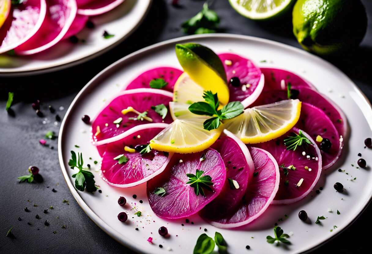 Carpaccio de radis noir et rose aux zestes d'agrumes, citron vert et citron