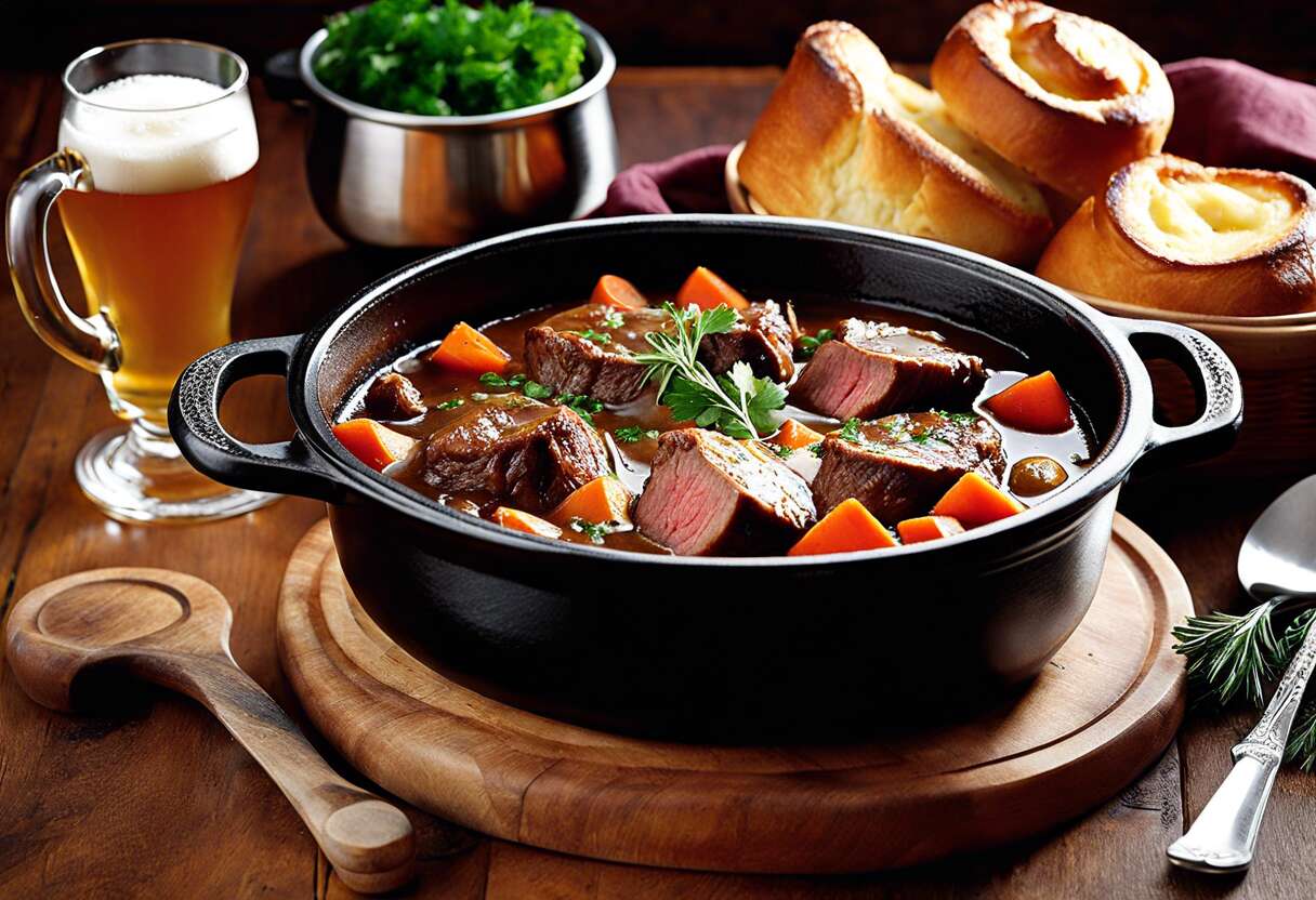 Recette de bœuf à la bière en cocotte accompagné de Yorkshire Puddings