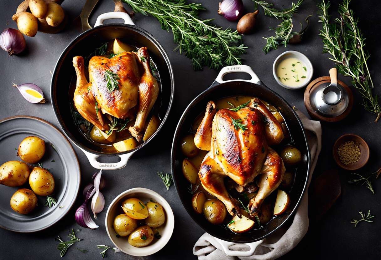 Recette facile de poulet en cocotte et ses pommes de terre rôties