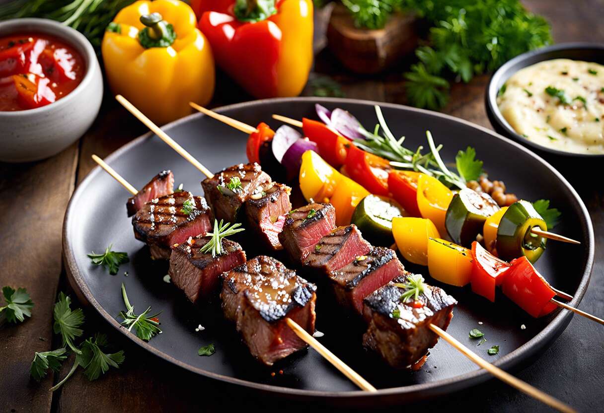 Brochettes de bœuf aux poivrons et ratatouille : recette gourmande de légumes confits