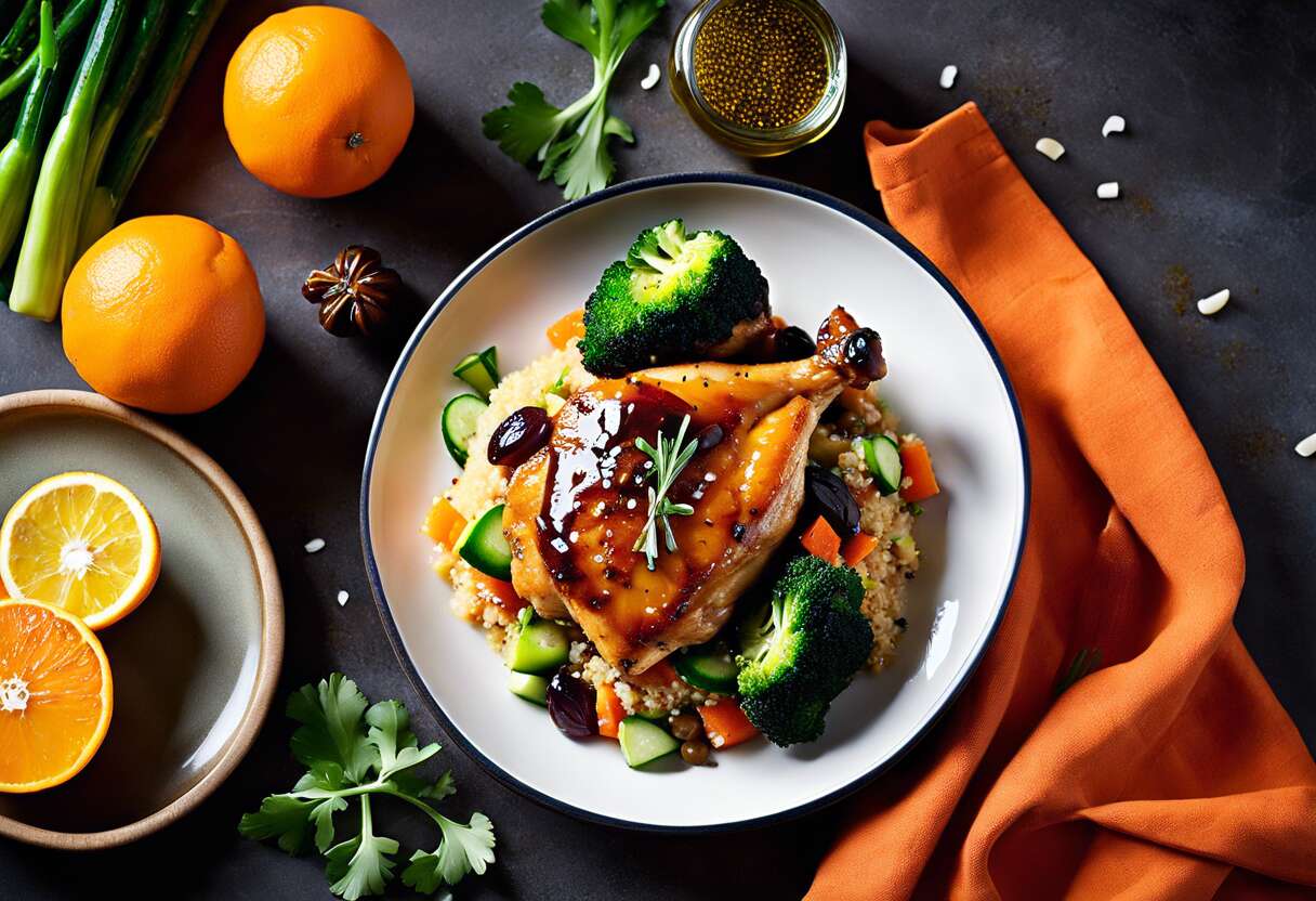 Recette de cuisses de poulet à l'orange et au miel avec légumes de saison et couscous aux raisins secs