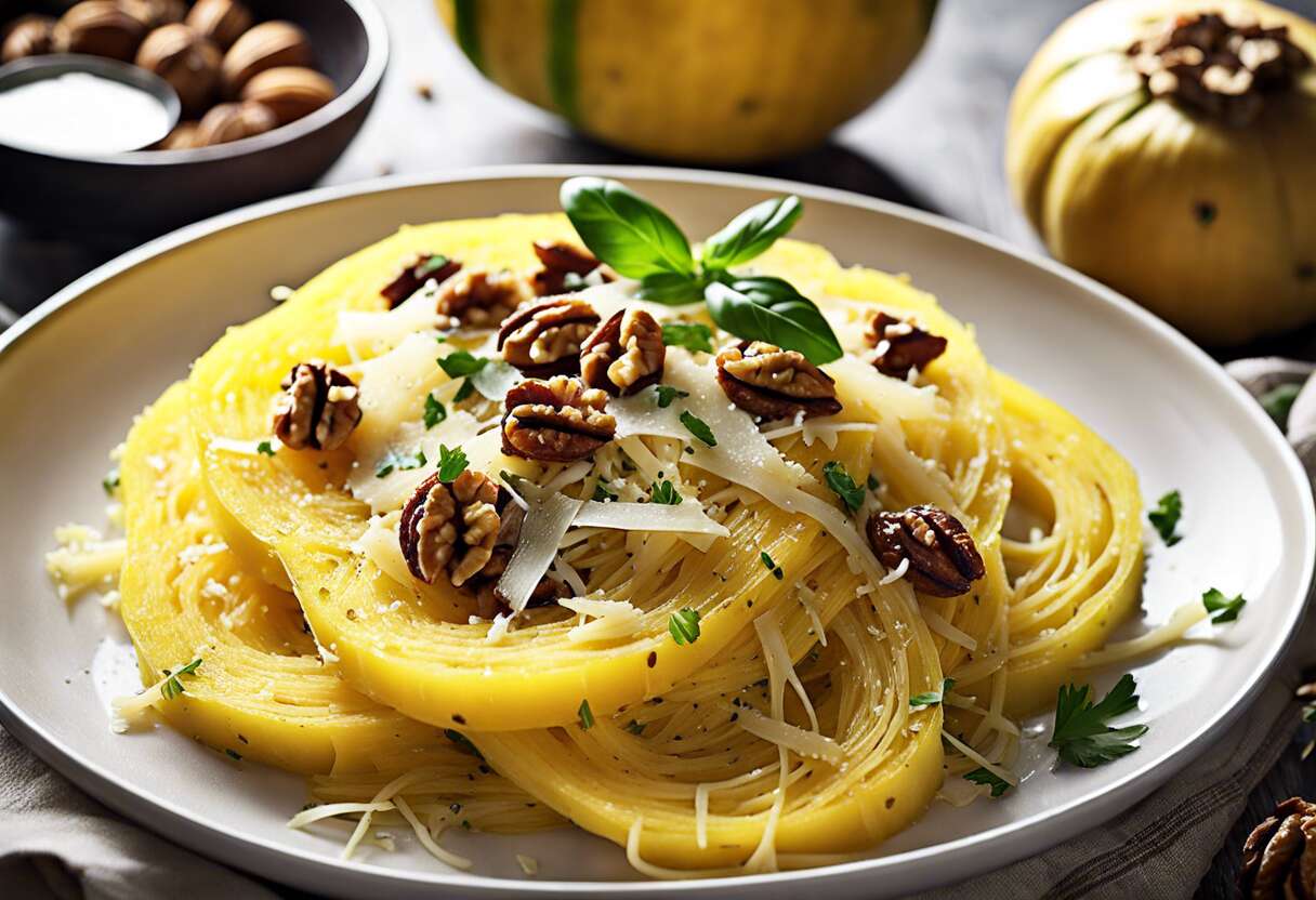 Recette facile : spaghettis de courges rôtis aux noix et parmesan
