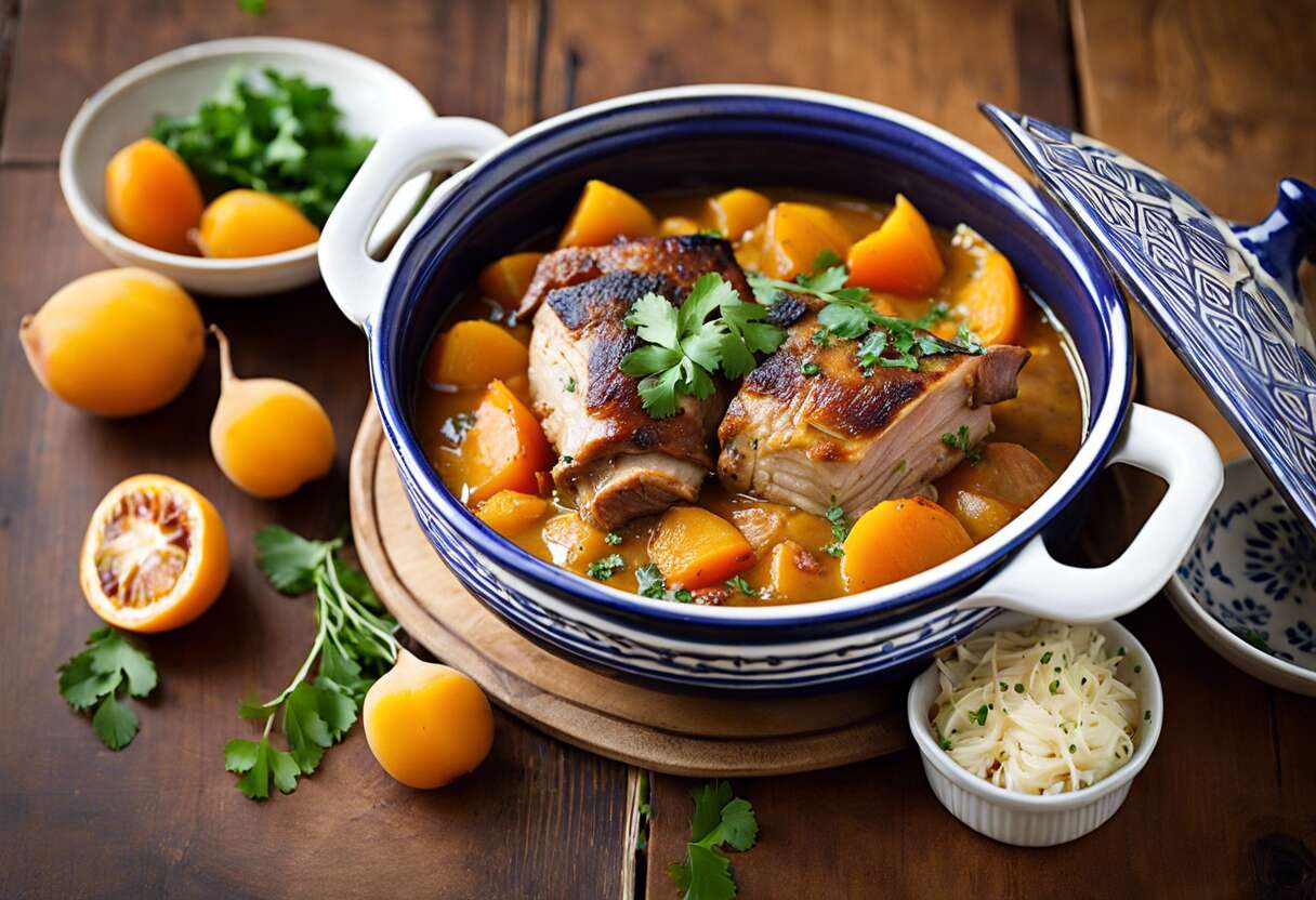 Rôti de porc en cocotte aux abricots et pruneaux: recette tajine savoureuse
