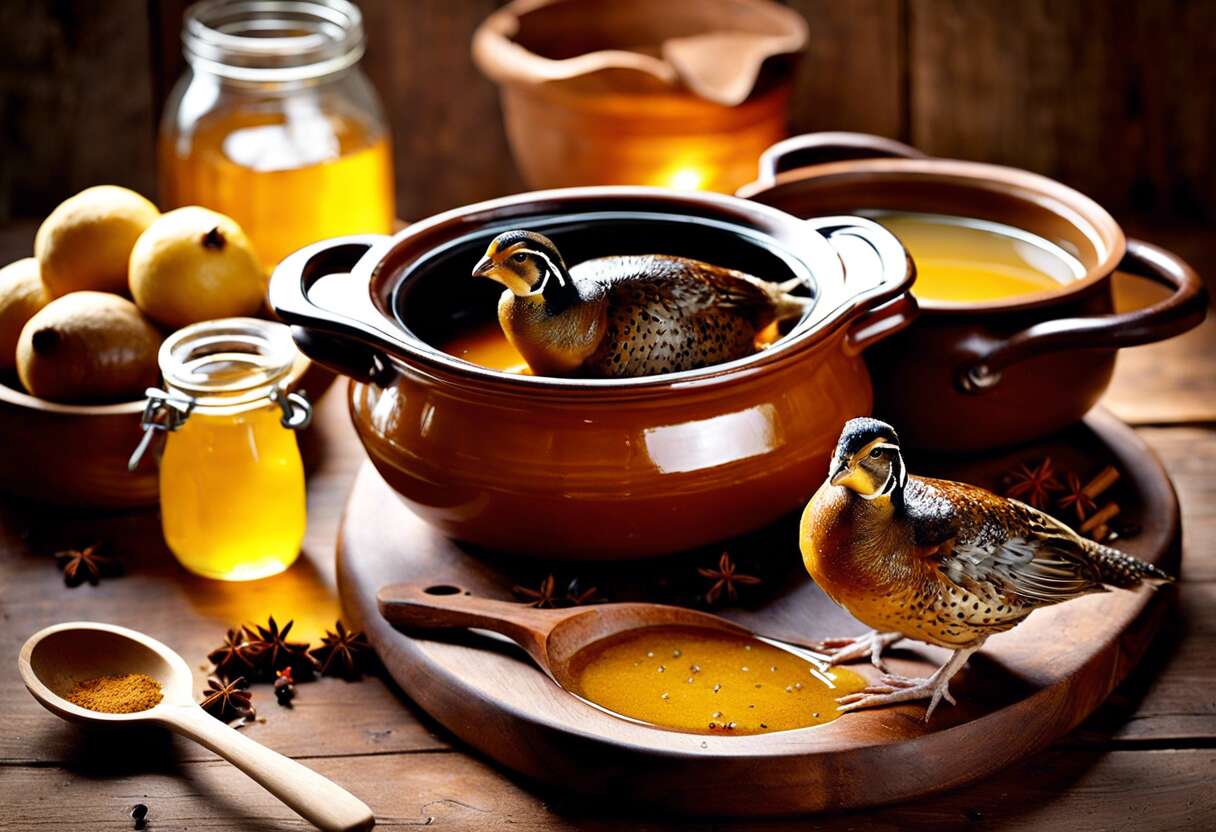 Recette de cailles en cocotte laquées au miel et quatre épices