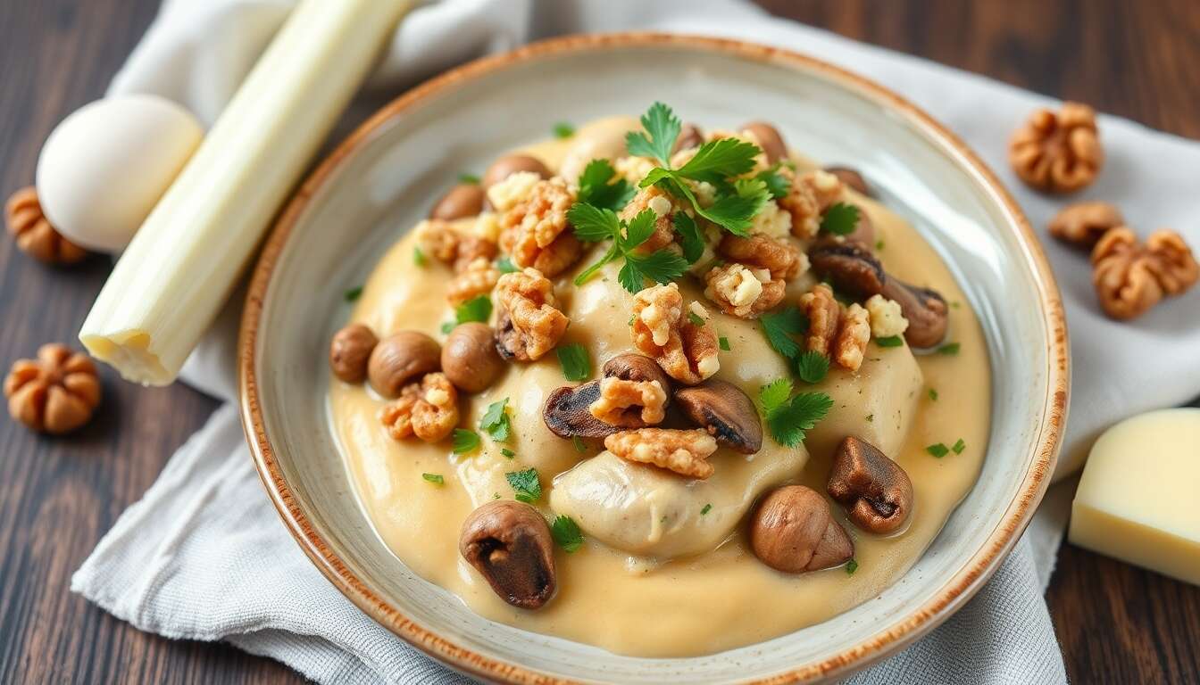 Choux-raves farcis : duxelles champignons, noix et Roquefort Carles, crème potiron