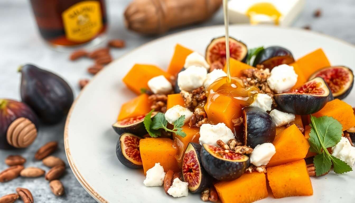 Recette de salade de figues de Solliès, patate douce et noix de pécan au miel