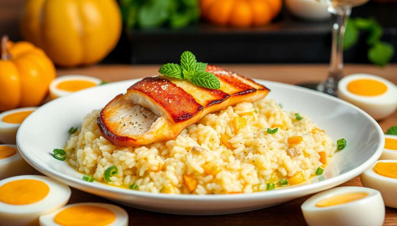 Risotto au potiron, lotte lardée et menthe