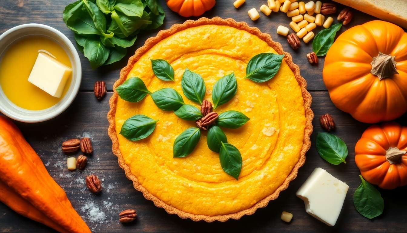 Recette : tarte de polenta à la patate douce, potiron, épinard, maïs, noix de pécan et chèvre frais