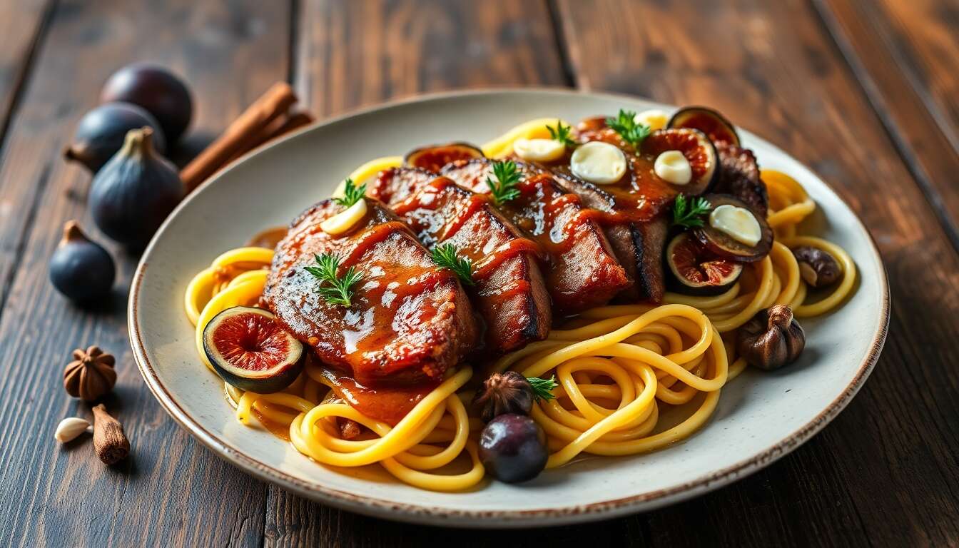 Magret de canard aux figues épicées et cannelloni de girolles