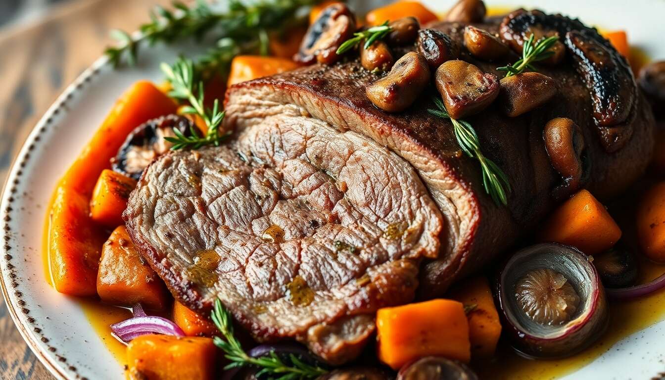 Rôti de biche aux cèpes et légumes d'automne confits : recette gourmande