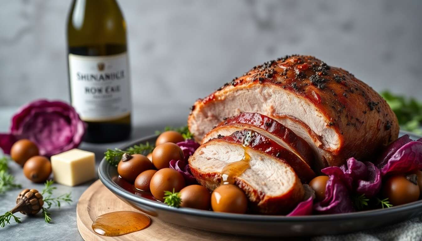 Rôti de porc ardennais : confit de chou rouge et châtaignes
