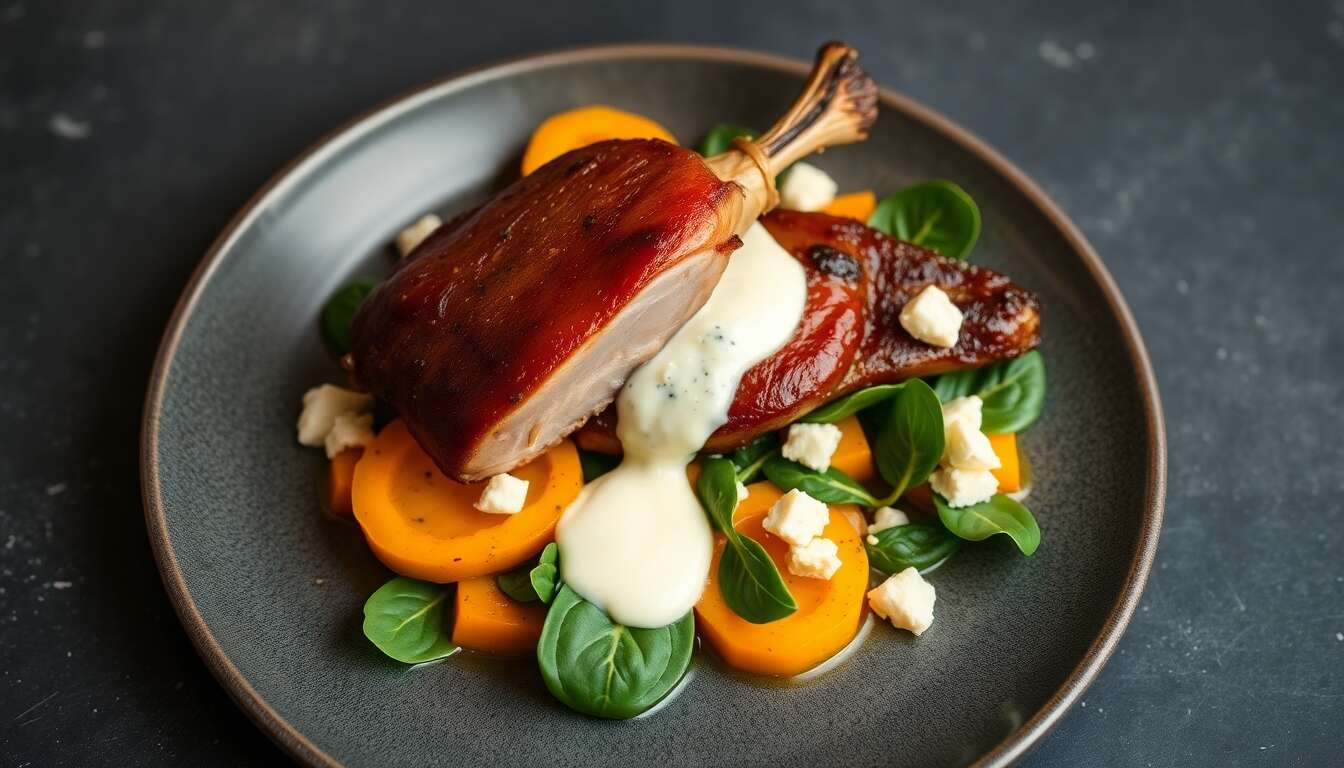 Butternut rôti aux épinards, crème et Stilton avec cuisse de canard laquée
