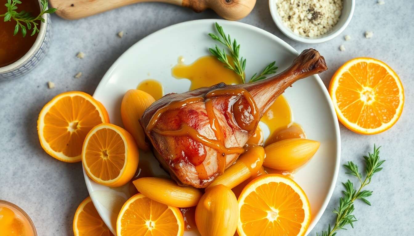 Navets Boule d'Or Confits au Miel et à l'Orange, cuisse de Canard Confite