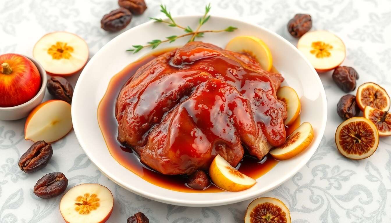 Recette de canette laquée aux pommes, dattes et figues
