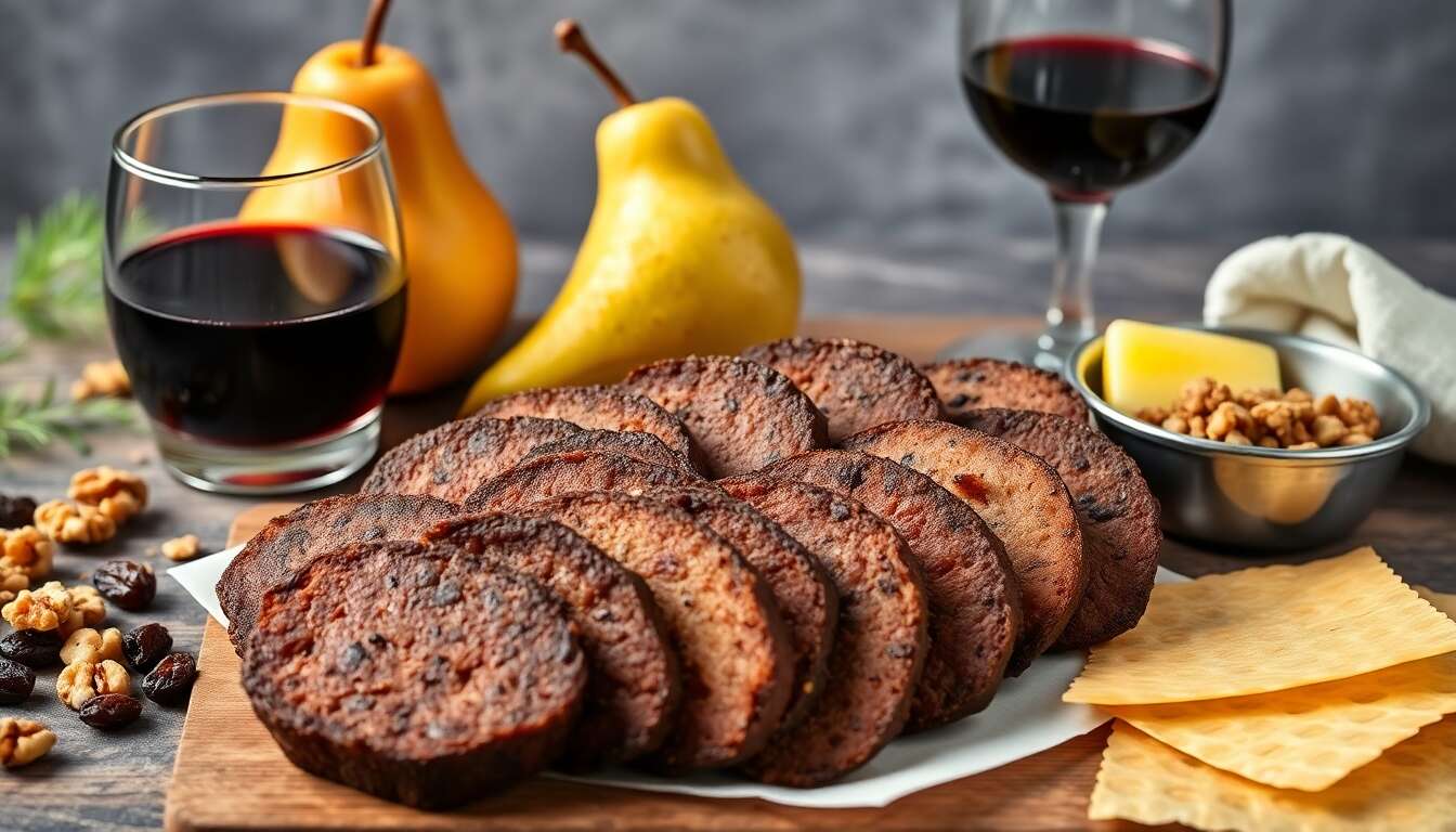 Croustillants de boudin noir au Porto : raisins, poire et noix