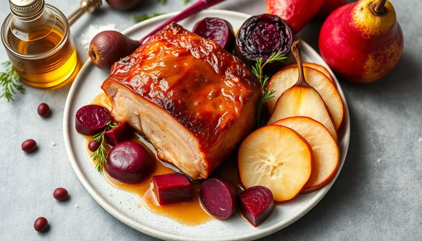 Poitrine de porc confite au miel : recette gourmande avec poires et betteraves rôties