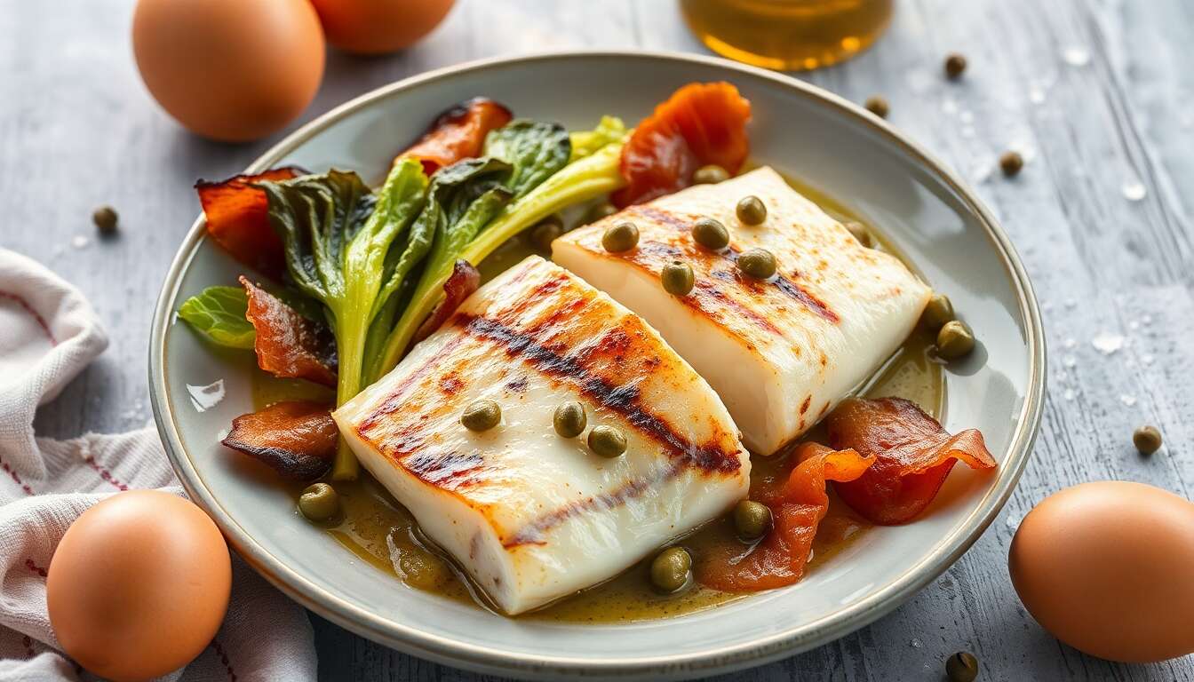 Filets de sole au chou grillé, lard et câpres : recette gourmande
