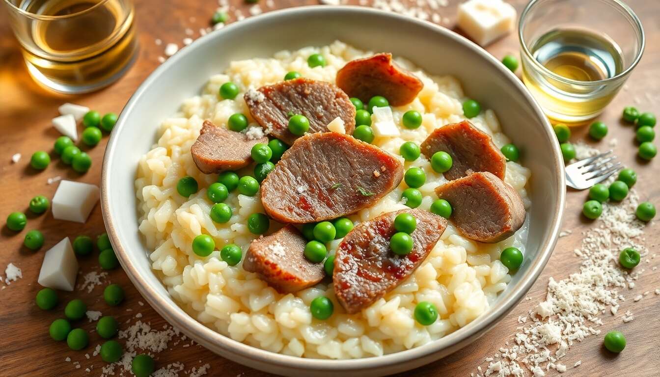 Risotto crémeux aux petits pois et jarret de veau