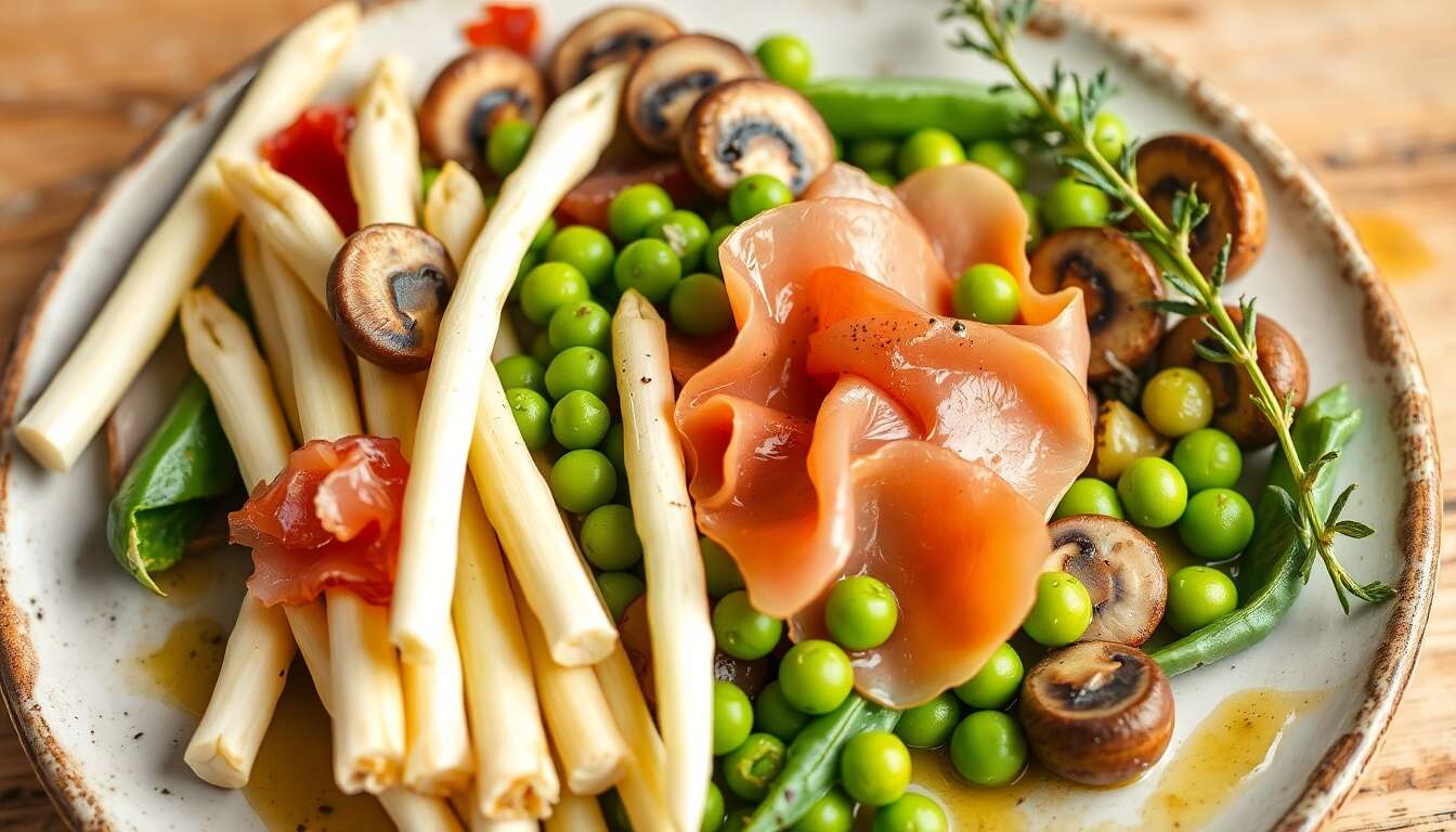 Salade tiède d'asperges blanches, petits pois et pleurotes au Culatello