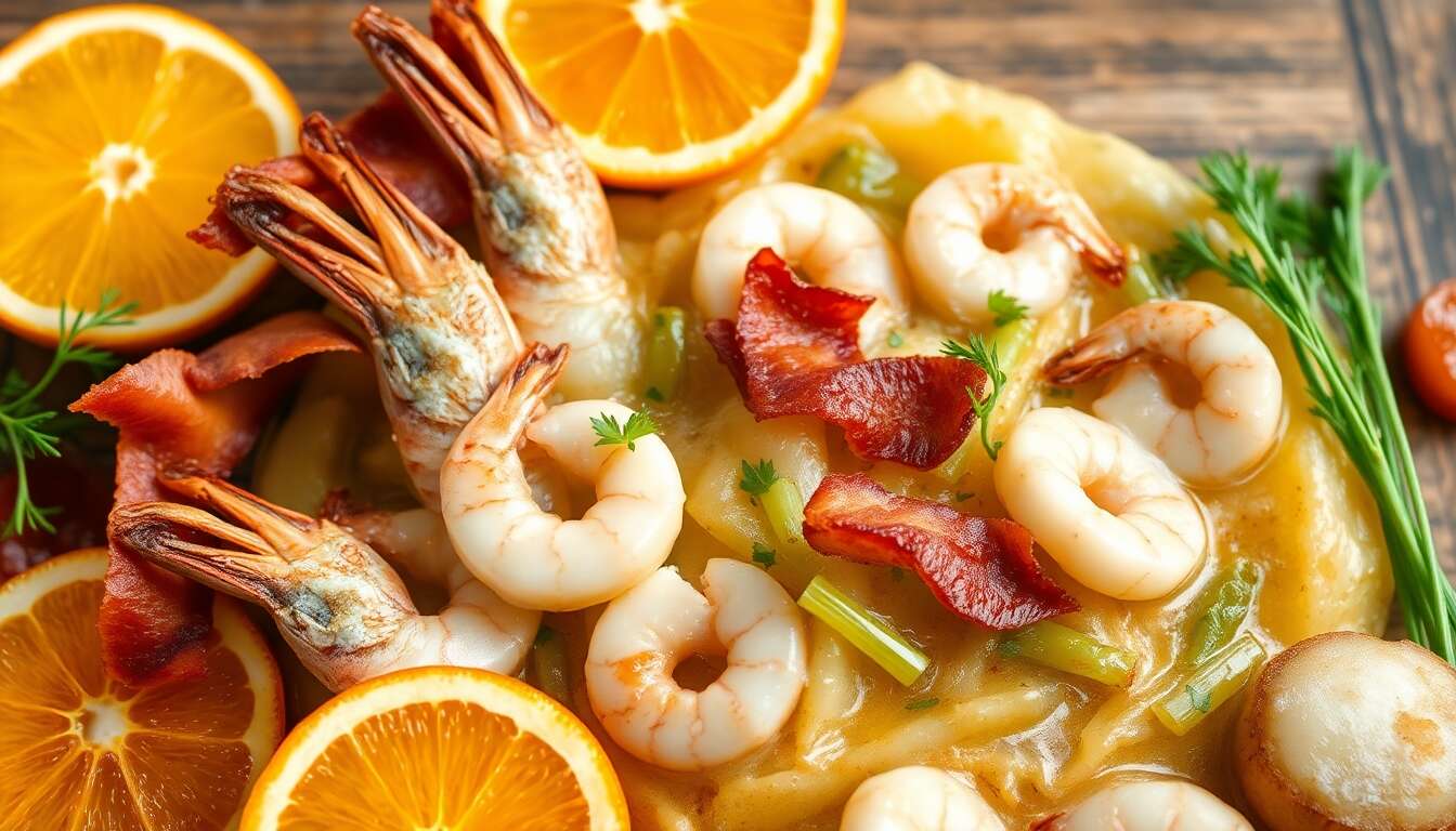 Stoemp aux crevettes grises : poireaux confits à l'orange et miso, lard fumé croustillant