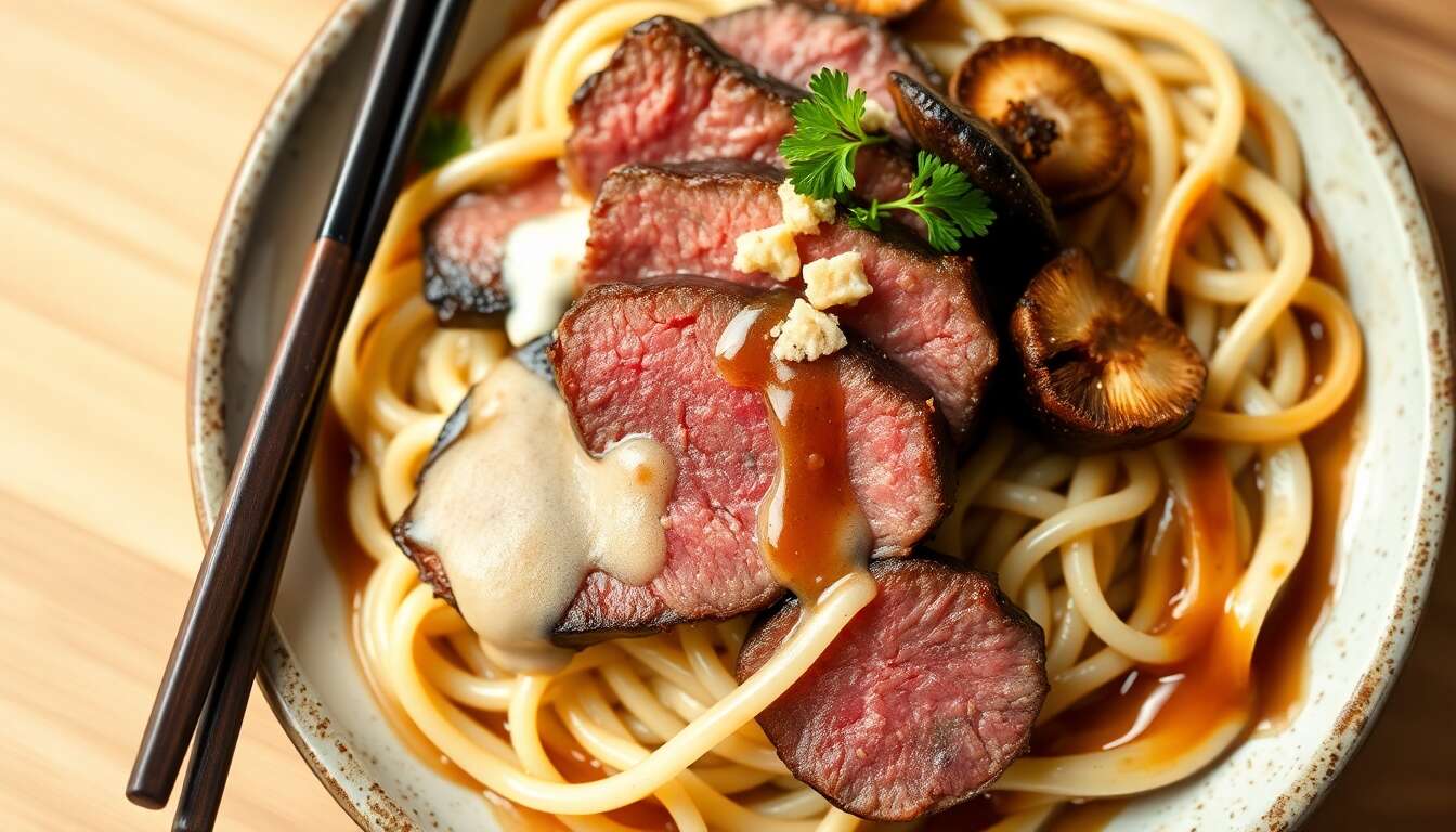 Filet mignon Holstein au miso sucré : recette avec nouilles udon, shiitake et dressing gingembre