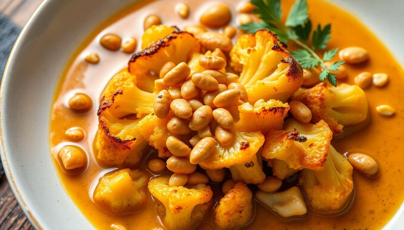 Chou-fleur rôti : recette épicée au lait de coco et cacahuètes
