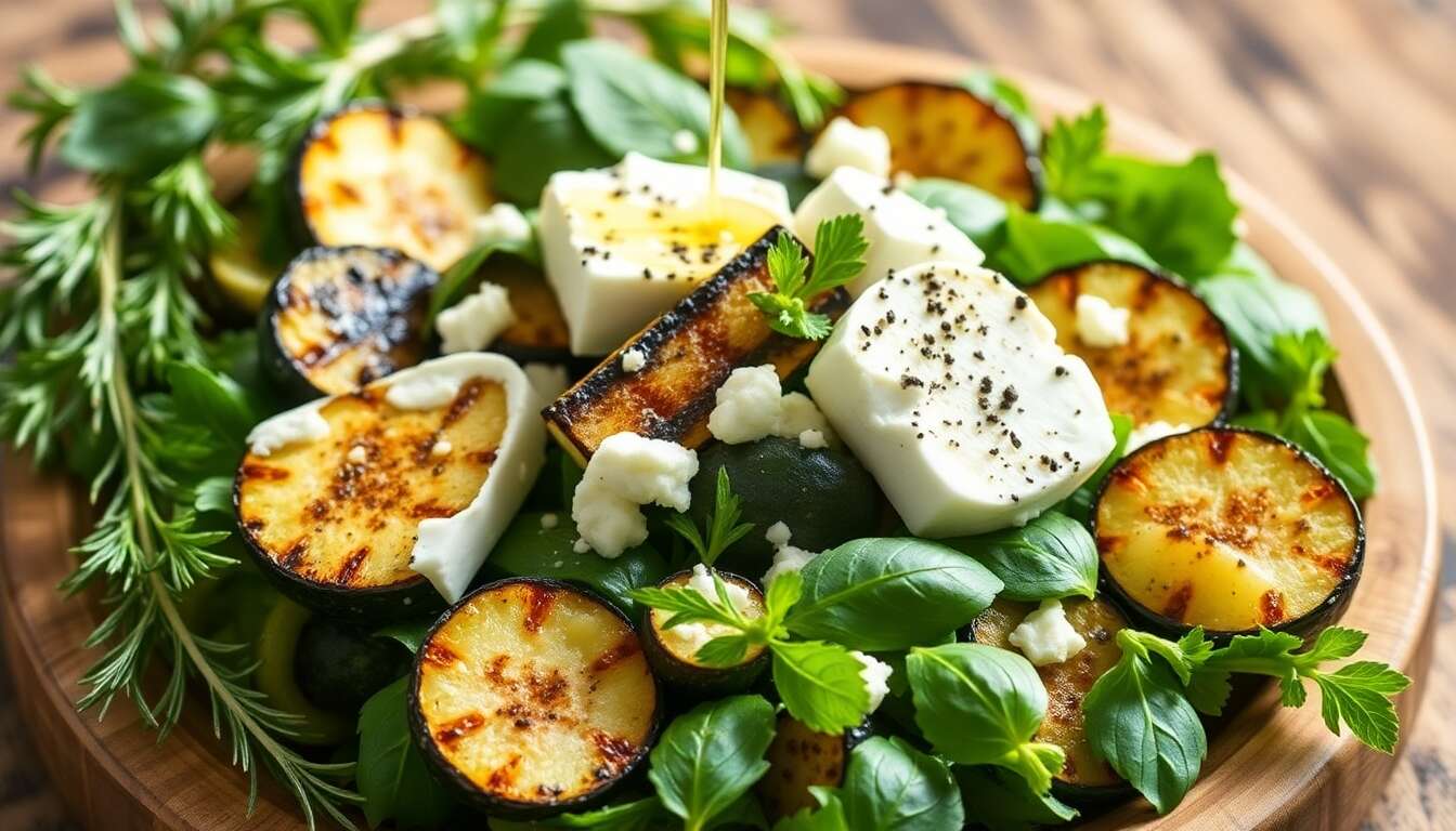 Salade de semoule : herbes, courgettes grillées et chèvre frais