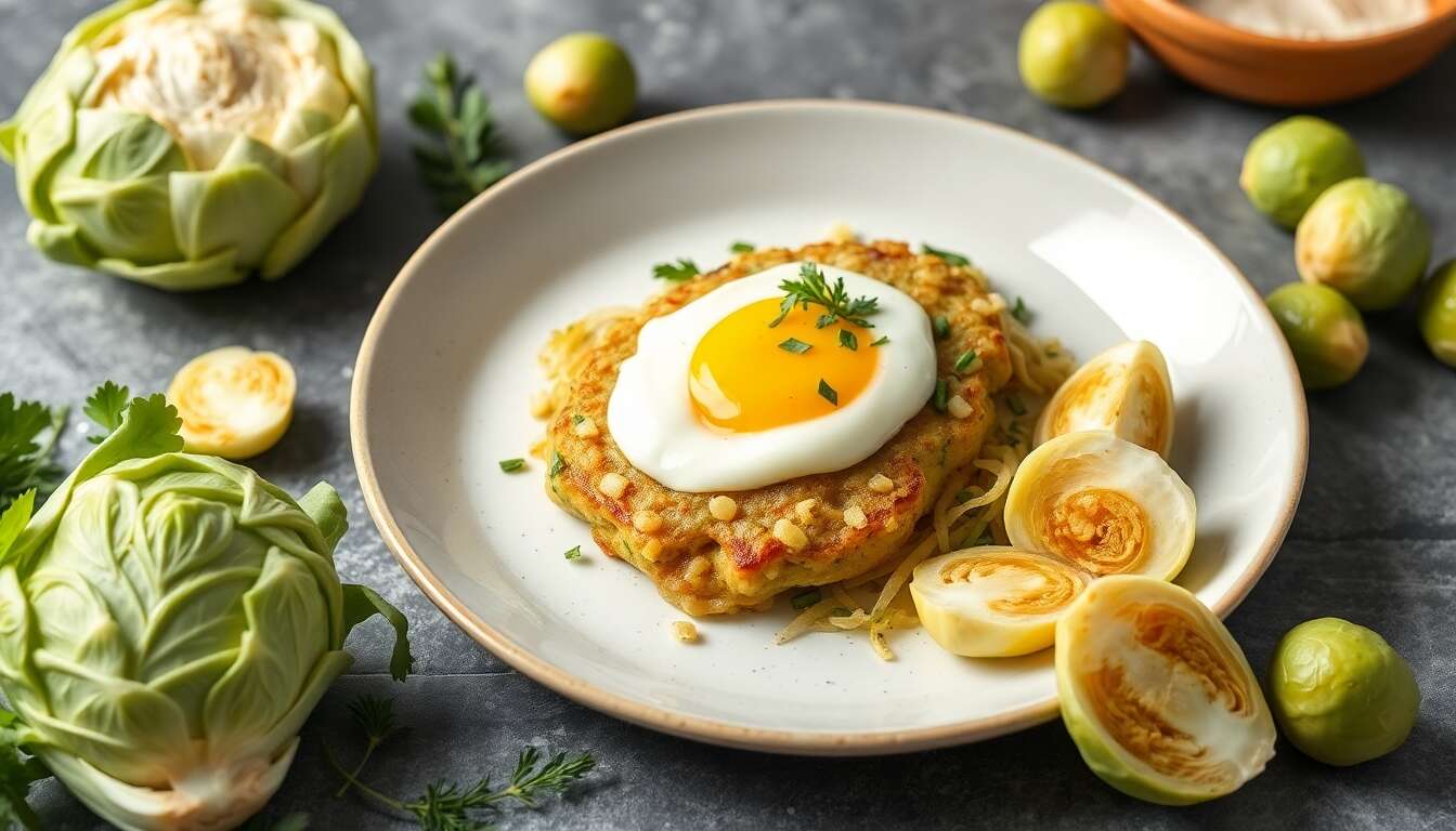 Palets de chou vert au miso, crème de topinambours et pickles de choux de Bruxelles