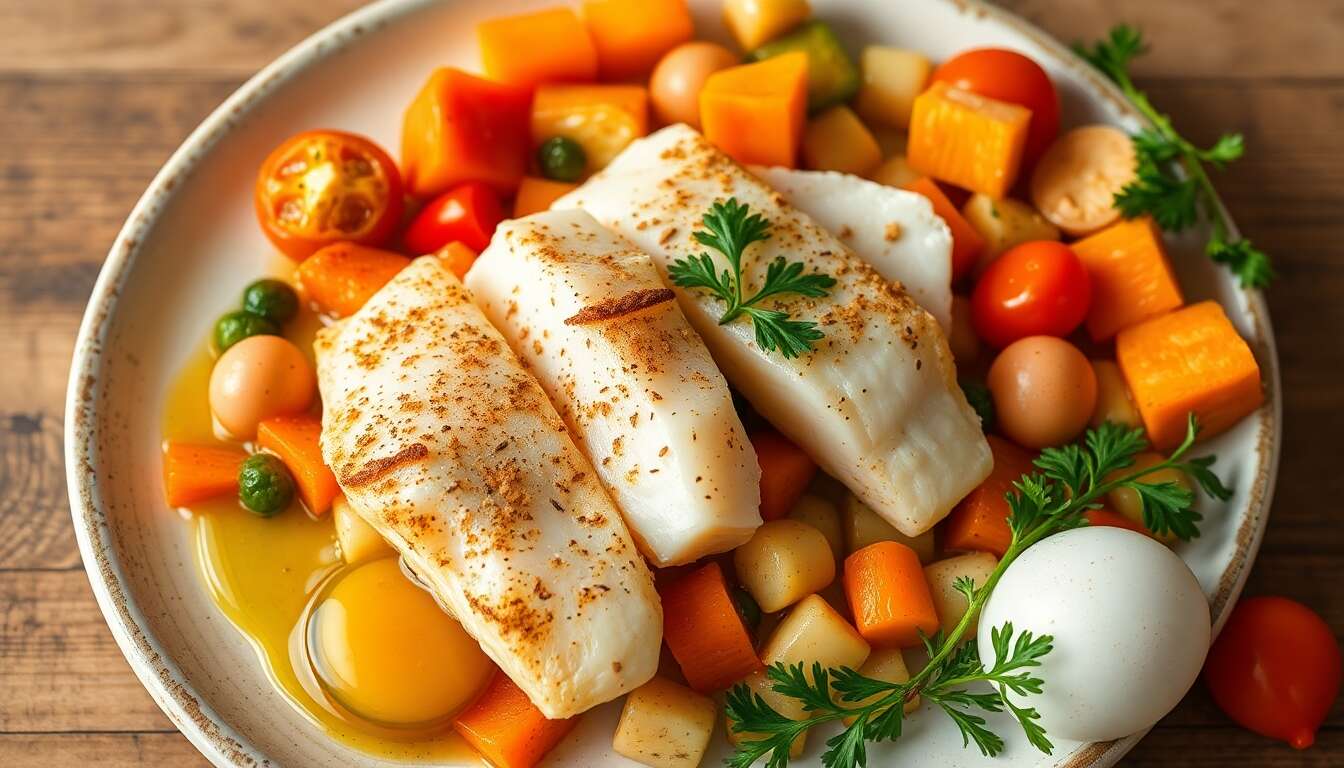 Dos de cabillaud farci : recette aux légumes et purée à l'huile d'olive