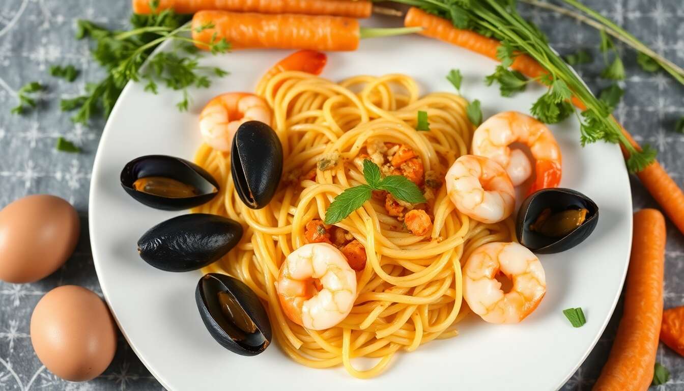 Recette de fregola sarde : crevettes, jus de moules et fanes de carottes