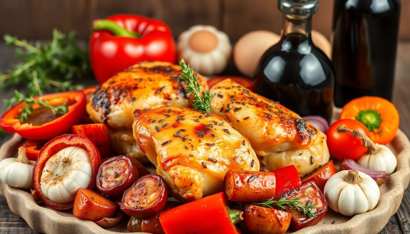 Cuisses de poulet et chorizo rôtis aux légumes méditerranéens